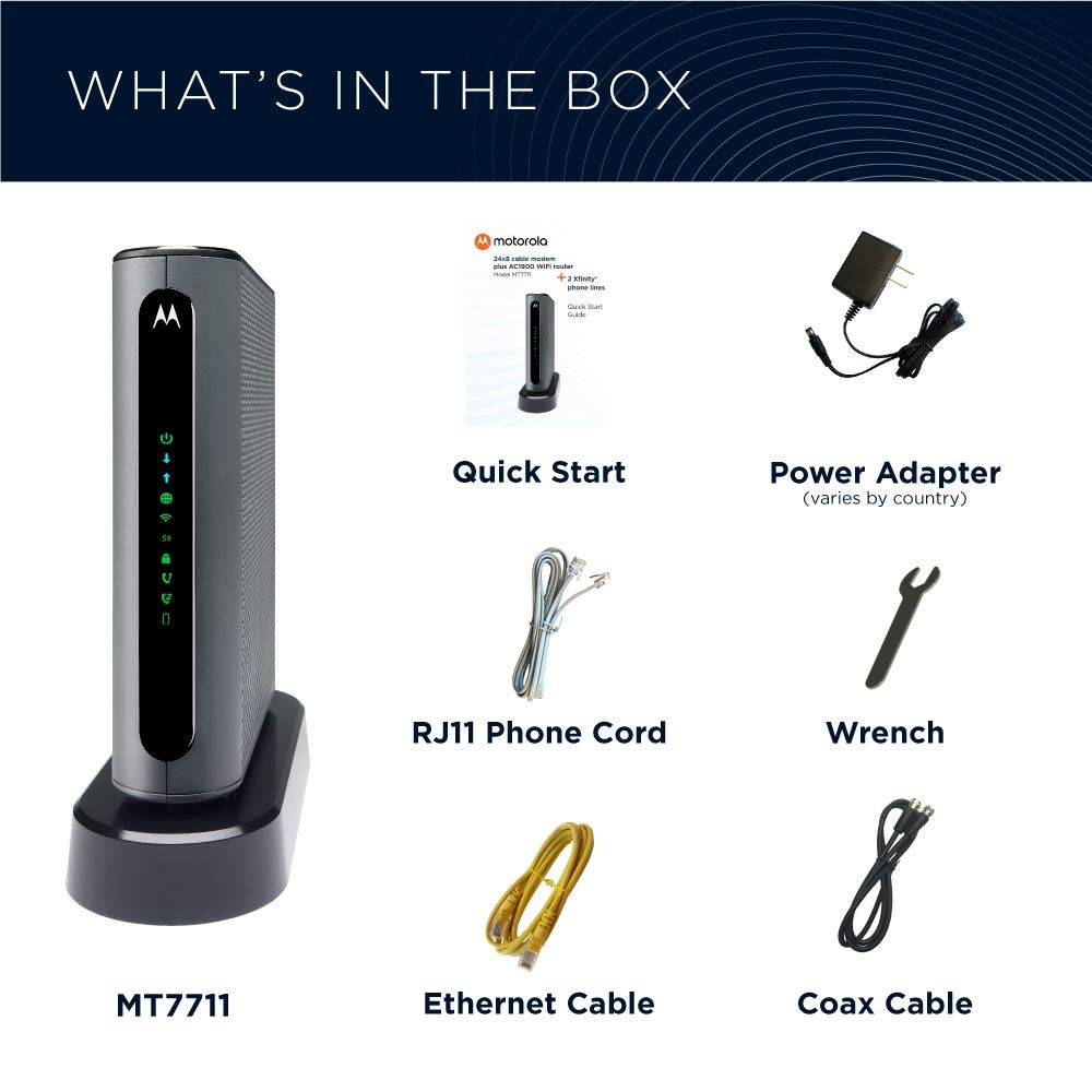 Motorola MT7711 24X8 Cable Modem/Router with Two Phone Ports, DOCSIS 3.0 Modem, and AC1900 Dual Band WiFi Gigabit Router, for Comcast XFINITY Internet and Voice