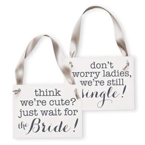 2 ring bearer wedding signs slate ink & gray ribbon | flower girl ceremony banner classic (we're still single + think we're cute wait for the bride)