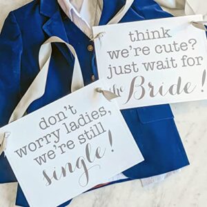 2 Ring Bearer Wedding Signs Slate Ink & Gray Ribbon | Flower Girl Ceremony Banner Classic (We're Still Single + Think We're Cute Wait for the Bride)