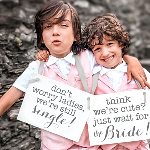 2 Ring Bearer Wedding Signs Slate Ink & Gray Ribbon | Flower Girl Ceremony Banner Classic (We're Still Single + Think We're Cute Wait for the Bride)