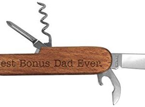 Stepdad Gifts Best Bonus Dad Ever Laser Engraved Dark Wood 6 Function Multitool Pocket Knife