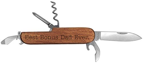 Stepdad Gifts Best Bonus Dad Ever Laser Engraved Dark Wood 6 Function Multitool Pocket Knife