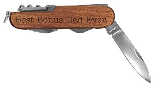 Stepdad Gifts Best Bonus Dad Ever Laser Engraved Dark Wood 6 Function Multitool Pocket Knife