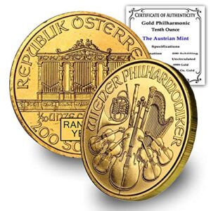 1989 - present (random year) 1/10 oz austrian gold vienna philharmonic coin brilliant uncirculated with certificate of authenticity 200ats bu