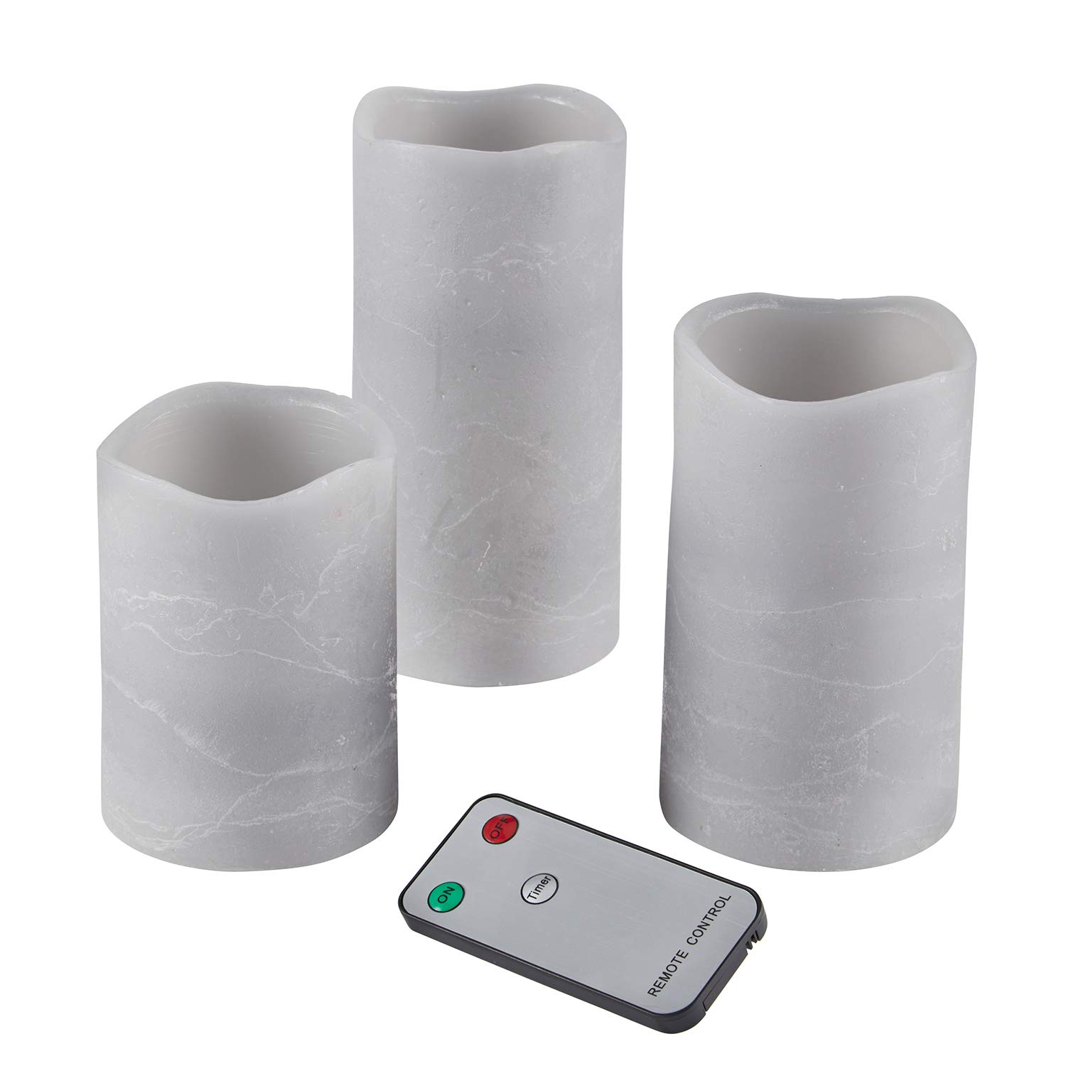Lights4fun, Inc. Set of 3 Gray Wax Battery Operated Flameless LED Pillar Candles with Remote Control