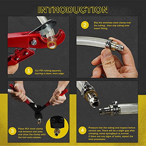 KOTTO Ratchet PEX Crimping Clamp Cinch Tool & Pipe Hose Cutter Meets ASTM 2098 & Stainless Steel Pipe Clamps, Pipe Fitting Tool Kit Sizes 3/8" to 1" - 20 pcs 1/2", 10 pcs 3/4" Clamps With Storage Bag