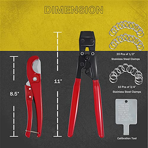 KOTTO Ratchet PEX Crimping Clamp Cinch Tool & Pipe Hose Cutter Meets ASTM 2098 & Stainless Steel Pipe Clamps, Pipe Fitting Tool Kit Sizes 3/8" to 1" - 20 pcs 1/2", 10 pcs 3/4" Clamps With Storage Bag