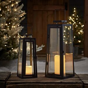 lights4fun, inc. set of 2 black metal battery operated 15" & 12" tall led flameless candle lanterns lights for indoor outdoor use