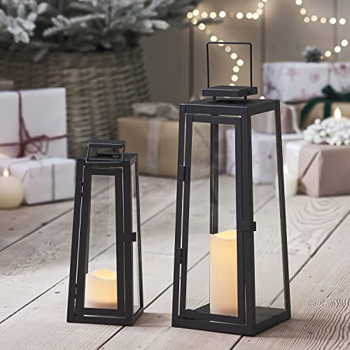 Lights4fun, Inc. Set of 2 Black Metal Battery Operated 15" & 12" Tall LED Flameless Candle Lanterns Lights for Indoor Outdoor Use