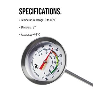 Compost Thermometer Stainless Steel Dial - Ideal Composting Soil Thermometer with 50MM Diameter C and F Dial and 295MM Compost Temperature Gauge Probe