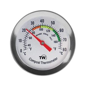 compost thermometer stainless steel dial - ideal composting soil thermometer with 50mm diameter c and f dial and 295mm compost temperature gauge probe