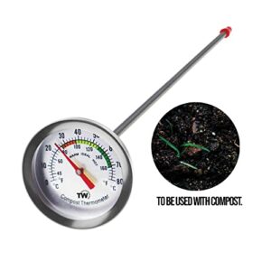 Compost Thermometer Stainless Steel Dial - Ideal Composting Soil Thermometer with 50MM Diameter C and F Dial and 295MM Compost Temperature Gauge Probe