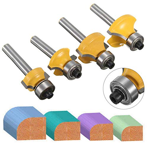 1/4-Inch Shank Roundover Edging Router Bit Set, Woodworking Milling Cutter Tools Corner Rounding Edge-Forming Bit Set 1/8", 1/4", 3/8", 1/2" Radius (4 Pack)