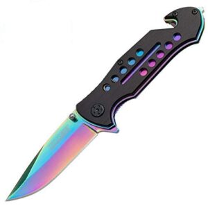 tactical folding knifes spring assisted pocket knife with clip and lock blade | pocket knife with seatbelt cutter and glass breaker | 3 inch blade pocket knife for man | rainbow spectrum flipper