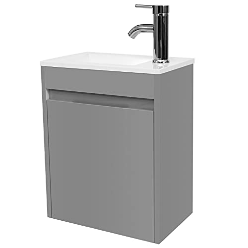 eclife 16" Bathroom Vanity Sink Combo for Small Space, Modern Painted Wall Mounted Floating Cabinet Set W/Resin Basin Sink Top, Chrome Water Save Faucet & Pop Up Drain (B10G)