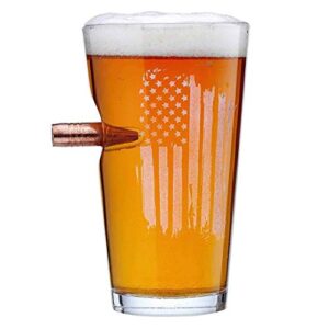 benshot us flag pint glass with real 0.50bmg bullet - 16oz | made in the usa