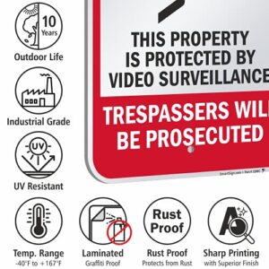 SmartSign 18 x 12 inch “No Trespassing - Property Protected by Video Surveillance, Trespassers Prosecuted” Metal Sign, 63 mil Laminated Rustproof Aluminum, Red, Black and White