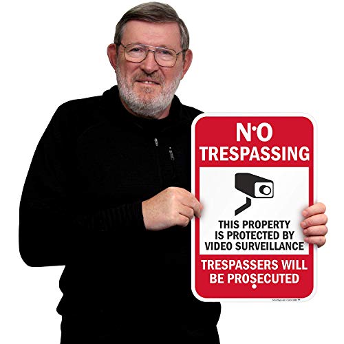 SmartSign 18 x 12 inch “No Trespassing - Property Protected by Video Surveillance, Trespassers Prosecuted” Metal Sign, 63 mil Laminated Rustproof Aluminum, Red, Black and White