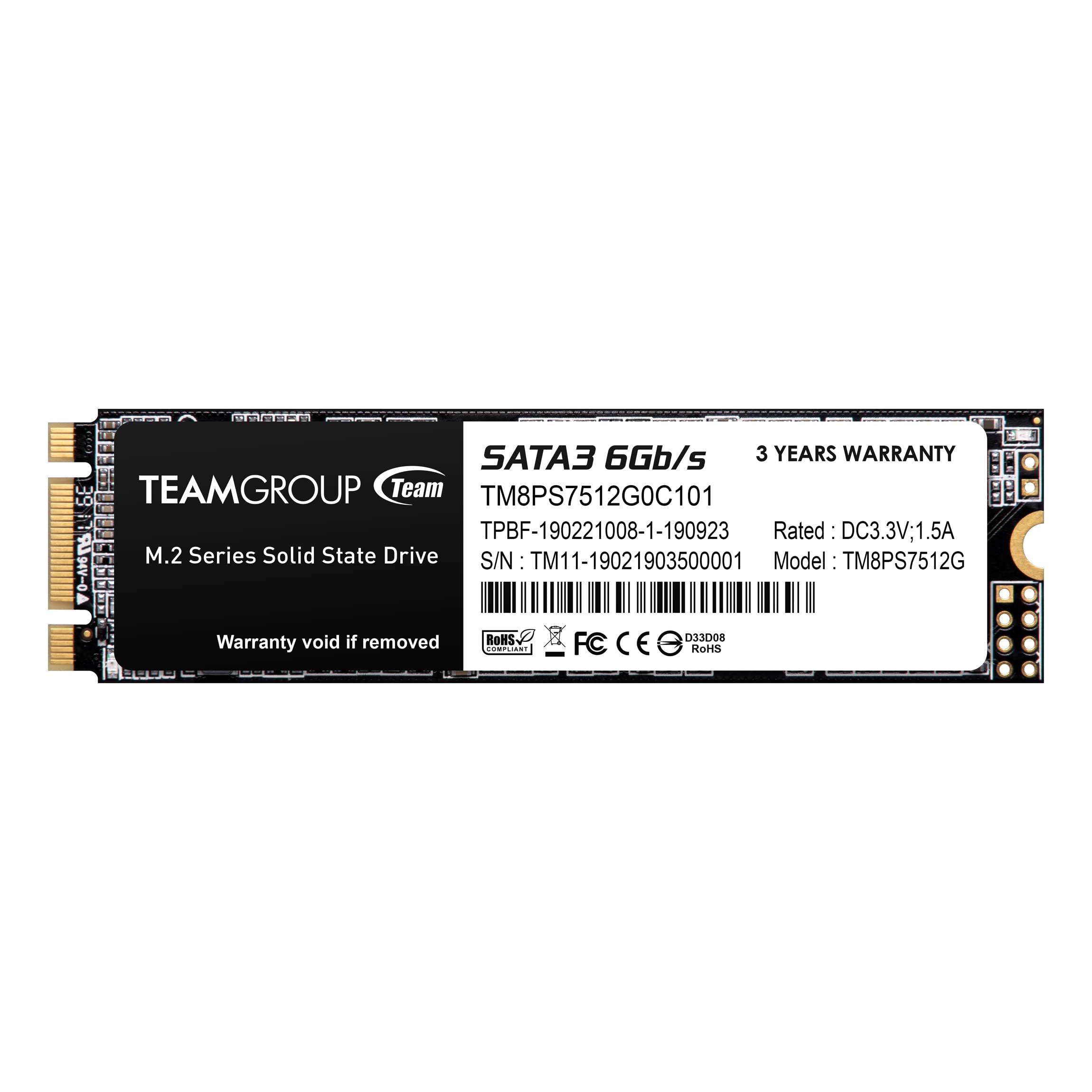 TEAMGROUP MS30 512GB with SLC Cache 3D NAND TLC M.2 2280 SATA III 6Gb/s Internal Solid State Drive SSD (Read/Write Speed up to 530/430 MB/s) Compatible with Laptop & PC Desktop TM8PS7512G0C101