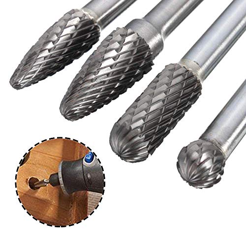 Bestgle 4Pcs 6mm(1/4”) Shank Tungsten Carbide Rotary Cutting Burr Die Grinder Bit for DIY Woodworking, Metal Carving, Polishing, Engraving, Drilling, 150-160mm Length