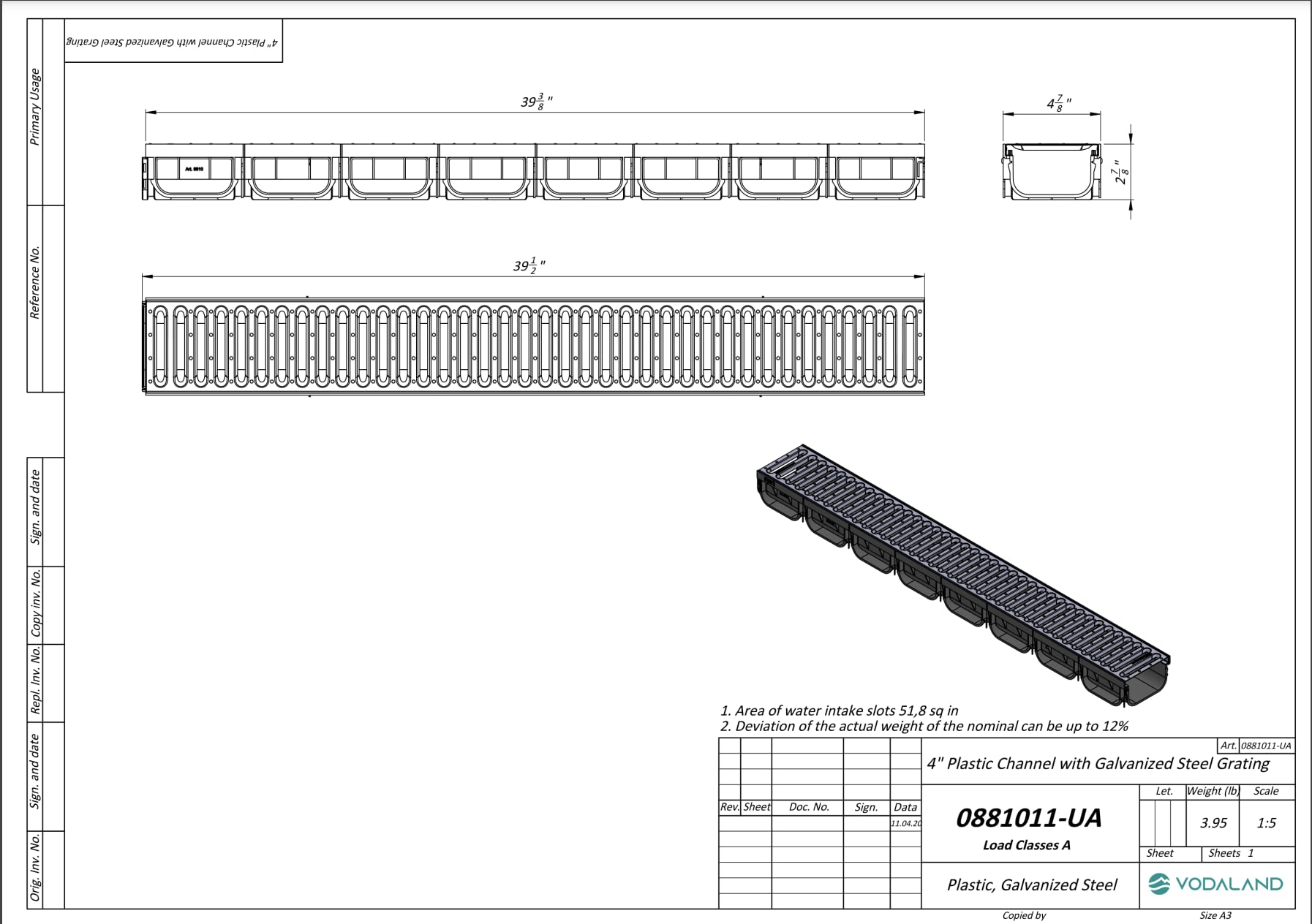 Vodaland - 4 Inch Easy 2 Premium Trench Drain Channel - Galvanized Stamped Steel Grating (5)