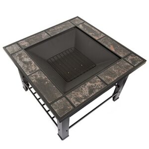 fire pit set, wood burning pit - includes screen, cover and log poker - great for outdoor and patio, 30 inch square marble tile firepit by pure garden