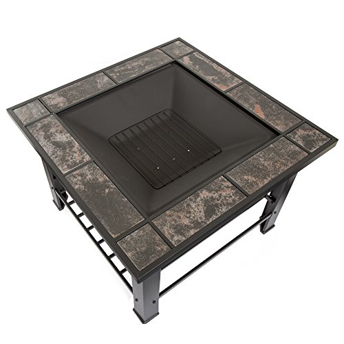 Fire Pit Set, Wood Burning Pit - Includes Screen, Cover and Log Poker - Great for Outdoor and Patio, 30 inch Square Marble Tile Firepit by Pure Garden