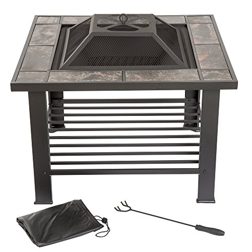 Fire Pit Set, Wood Burning Pit - Includes Screen, Cover and Log Poker - Great for Outdoor and Patio, 30 inch Square Marble Tile Firepit by Pure Garden