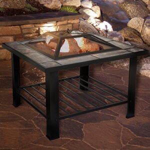 Fire Pit Set, Wood Burning Pit - Includes Screen, Cover and Log Poker - Great for Outdoor and Patio, 30 inch Square Marble Tile Firepit by Pure Garden