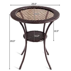 Tangkula 25 inch Patio Wicker Coffee Table Outdoor Backyard Lawn Balcony Pool Round Tempered Glass Top Rattan Steel Frame Side Table Furniture W/Storage Shelf, Brown