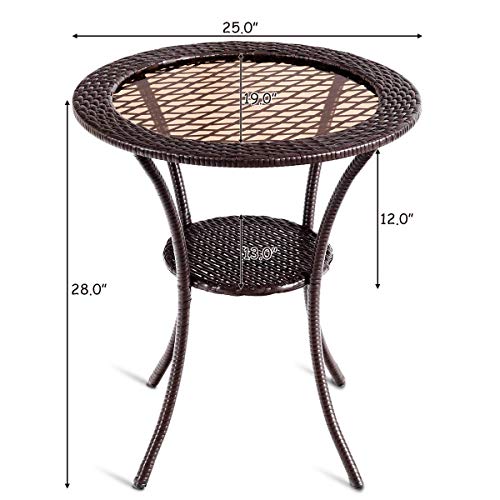 Tangkula 25 inch Patio Wicker Coffee Table Outdoor Backyard Lawn Balcony Pool Round Tempered Glass Top Rattan Steel Frame Side Table Furniture W/Storage Shelf, Brown