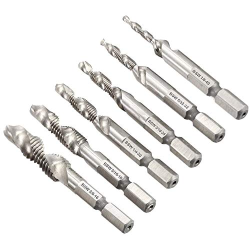 Bestgle Set of 6 SAE Drill Tap Combination Bits HSS Deburr Countersink Bit Set with 1/4 Inch Hex Shank Tool Kit BSW 1/8, 5/32, 3/16, 1/4, 5/16, 3/8