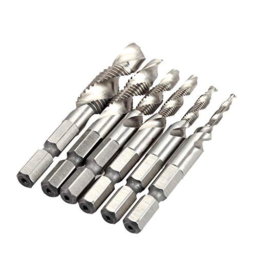 Bestgle Set of 6 SAE Drill Tap Combination Bits HSS Deburr Countersink Bit Set with 1/4 Inch Hex Shank Tool Kit BSW 1/8, 5/32, 3/16, 1/4, 5/16, 3/8