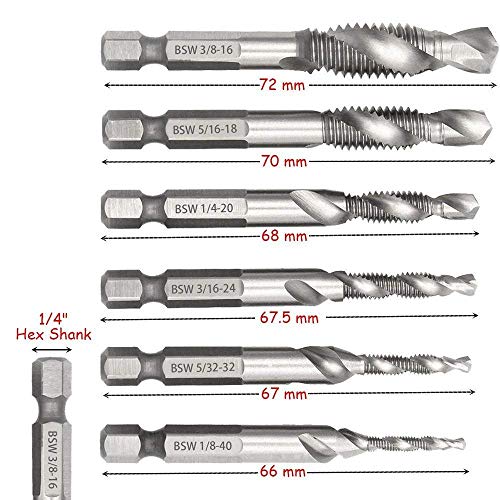 Bestgle Set of 6 SAE Drill Tap Combination Bits HSS Deburr Countersink Bit Set with 1/4 Inch Hex Shank Tool Kit BSW 1/8, 5/32, 3/16, 1/4, 5/16, 3/8