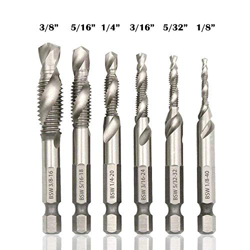 Bestgle Set of 6 SAE Drill Tap Combination Bits HSS Deburr Countersink Bit Set with 1/4 Inch Hex Shank Tool Kit BSW 1/8, 5/32, 3/16, 1/4, 5/16, 3/8