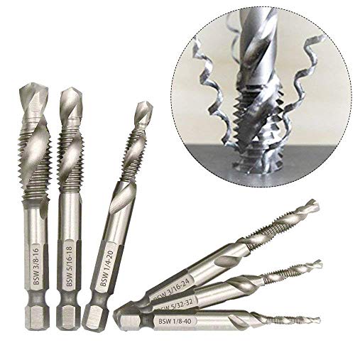 Bestgle Set of 6 SAE Drill Tap Combination Bits HSS Deburr Countersink Bit Set with 1/4 Inch Hex Shank Tool Kit BSW 1/8, 5/32, 3/16, 1/4, 5/16, 3/8