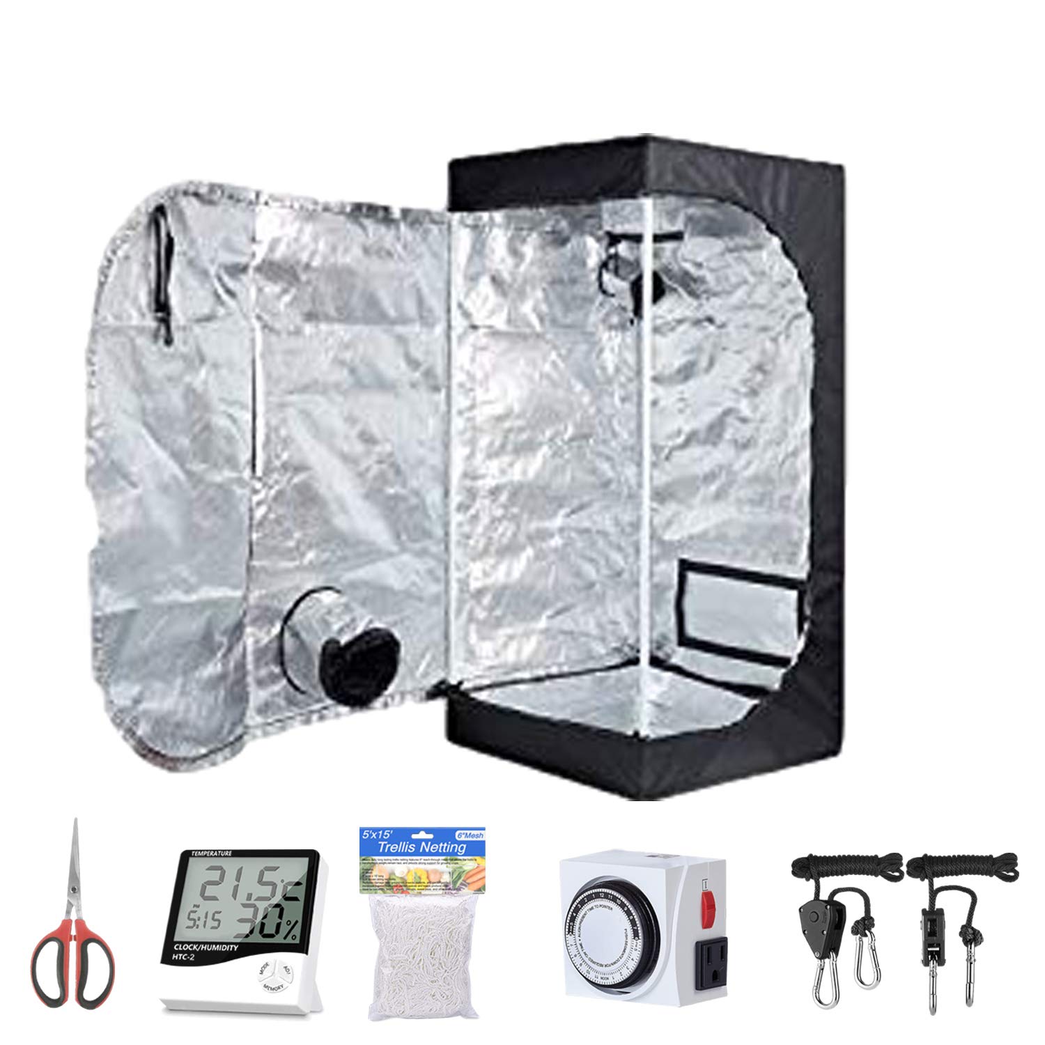 Oppolite Hydroponic 16"X16"X48" Indoor Grow Tent Kit W/Analog Timer+Humidity Monitor+Bonsai Shear+5'X15' Net Treill+Grow Light Hangers for Indoor Plant Growing (16"X16"X48")