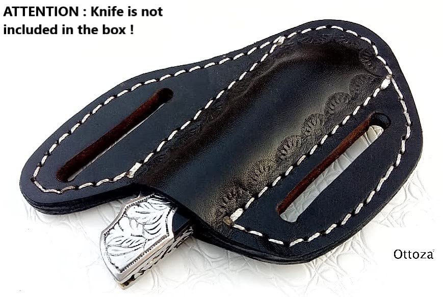 Ottoza Handmade Leather Knife Sheath CROSS DRAW KNIFE SHEATH 5" Folding Pocket Knife Sheath - Leather Folding Knife Sheath for 5 inch Folding Knives/Pocket Knives Black TOP GRAIN LEATHER No:73