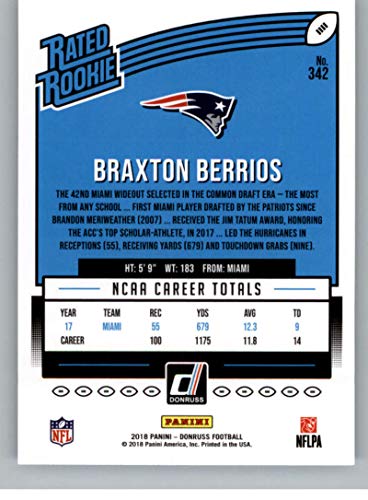 Football NFL 2018 Donruss #342 Braxton Berrios #342 Rated Rookie NM+ RC Rookie Patriots