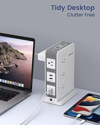 Power Strip Surge Protector Tower - JACKYLED 10 Outlet 4 USB Vertical Charging Station, 1875W 15A, 1080J with 6ft Heavy Duty Extension Cord for Multiple Devices, Home Office Dorm RV