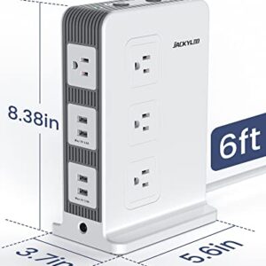 Power Strip Surge Protector Tower - JACKYLED 10 Outlet 4 USB Vertical Charging Station, 1875W 15A, 1080J with 6ft Heavy Duty Extension Cord for Multiple Devices, Home Office Dorm RV