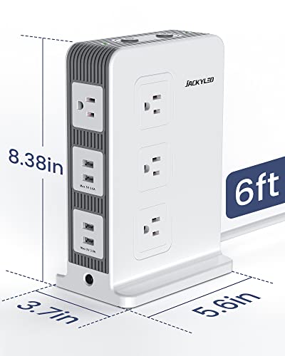 Power Strip Surge Protector Tower - JACKYLED 10 Outlet 4 USB Vertical Charging Station, 1875W 15A, 1080J with 6ft Heavy Duty Extension Cord for Multiple Devices, Home Office Dorm RV