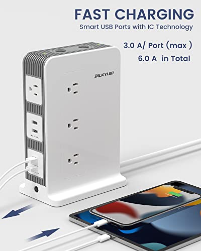 Power Strip Surge Protector Tower - JACKYLED 10 Outlet 4 USB Vertical Charging Station, 1875W 15A, 1080J with 6ft Heavy Duty Extension Cord for Multiple Devices, Home Office Dorm RV