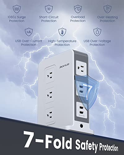 Power Strip Surge Protector Tower - JACKYLED 10 Outlet 4 USB Vertical Charging Station, 1875W 15A, 1080J with 6ft Heavy Duty Extension Cord for Multiple Devices, Home Office Dorm RV