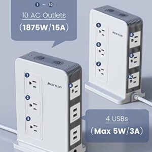 Power Strip Surge Protector Tower - JACKYLED 10 Outlet 4 USB Vertical Charging Station, 1875W 15A, 1080J with 6ft Heavy Duty Extension Cord for Multiple Devices, Home Office Dorm RV