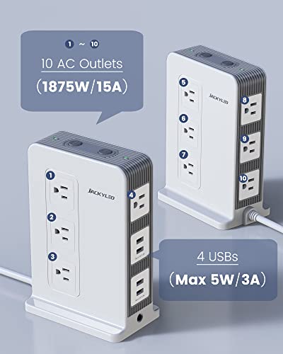 Power Strip Surge Protector Tower - JACKYLED 10 Outlet 4 USB Vertical Charging Station, 1875W 15A, 1080J with 6ft Heavy Duty Extension Cord for Multiple Devices, Home Office Dorm RV