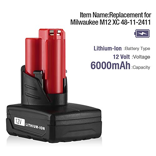 Powerextra M12 Battery 6.0Ah, Replacement Milwaukee m12 Battery, Compatible with Milwaukee M12 Tools 48-11-2410/48-11-2420/48-11-2411/48-11-2401/48-11-2402, Replace for Milwaukee 12v Battery (2 Pack)