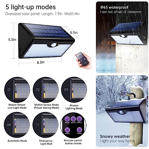 HVIKOV Motion Sensor Light Outdoor, 60 Led Solar, 5 Modes Remote Control,1300LM Waterproof Wide Angle, Wireless Super Bright Security Wall Lights for Driveway, Wall, Patio, Yard, Garden（Black）