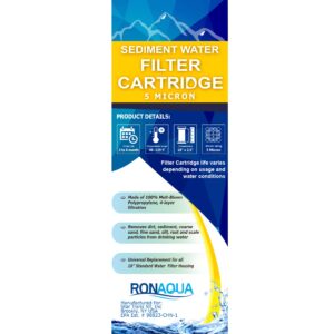 Sediment Water Filter Cartridge by Ronaqua 10"x 2.5", Four Layers of Filtration, Removes Sand, Dirt, Silt, Rust, made from Polypropylene (4 Pack, 5 Microns)