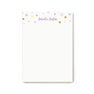 personalized cute pastel star notepad with lines, custom kids, young girl stationary writing pad - stars notepad